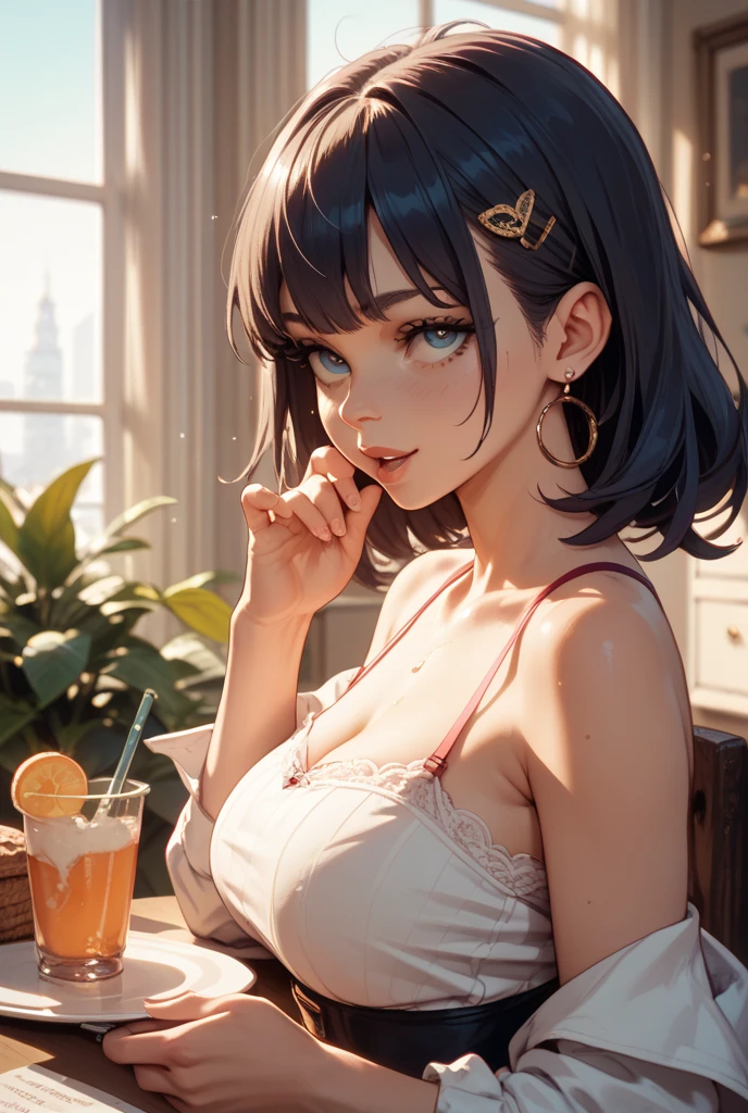 (best quality,4k,8k,highres,masterpiece:1.2),ultra-detailed,(realistic,photorealistic,photo-realistic:1.37),oil painting,vibrant colors,soft lighting,shiny fabric,(beautiful,detailed:1.1) eyes, enfocarse solo,(beautiful,detailed:1.1) lips,extremely detailed eyes and face,long eyelashes,seductive gaze,confident smile,tousled hair,delicate lace,elegant pose