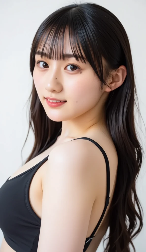 Black Hair、With bangs、Big Breasts、Slim body、White micro bikini、On the sandy beach near the sea