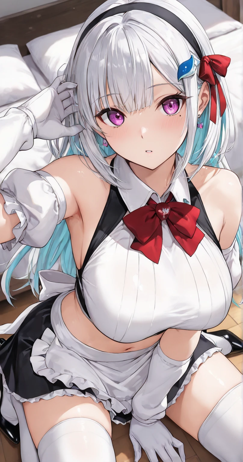 (masterpiece, best quality), best quality, (ultra-detailed), (3heads:1.5), 1girl, (nagae iku:1.3), masterpiece, best quality, ultra quality, ultra resolution, white and red top, crop top, ((stomach)), midriff, ((groin)), black skirt, normal ears, shackles, light indigo hair, very long hair, wavy hair, sidelocks, red eyes, parted lips, midriff, sweat, cute, toned belly, hand on own chest, eyelashes, (24 year old woman:1.3), (masterpiece:1.5), (best quality:1.5), (beautiful detailed, extremely detailed CG, extremely delicate and beautiful, depth of field, (finely detailed face), (perfect details:1.2), (mature female:1.3), wide pelvis, slender, large veiny breast, 16k resolution, highres, very high quality, very high definition, extremely detailed, masterpiece, light indigo hair, long hair, alluring presence, braid, short skirt, close up, big tits, young, hairband, black hat, red bow, midriff, nsfw, (girl with three heads),
