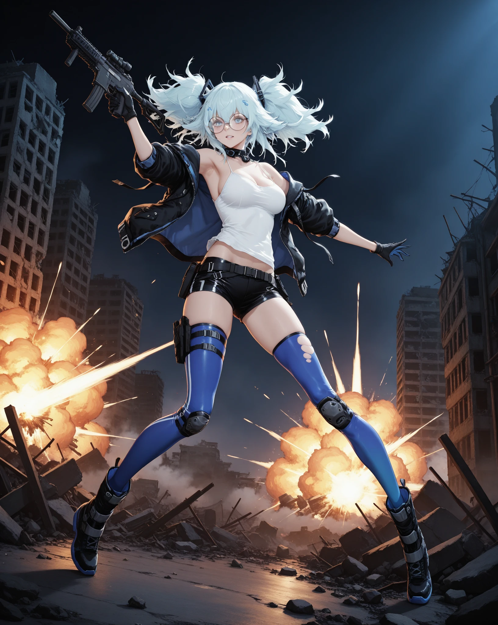 tmasterpiece,Need,{Beautiful Meticulous Girl},Beautiful and delicate halo,(flame of war:1.2),(Nuclear explosions behind it:1.3),Sateen,serious expressions,ssmile,nedium breasts,Chestless regime,With an officer's cap,Uniform short skirt,blue colored eyes,The left eye wears a black eye patch,The right leg is a metal prosthesis,with short white hair,High ponytail ,One-legged lost his right leg in the war,Lengthens skin,(Background of war) --auto