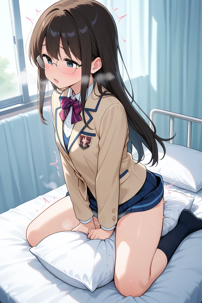 one girl, naive, high school student, school blazer, long hair, spread legs, sex, missionary sex, ecstatic, orgasm