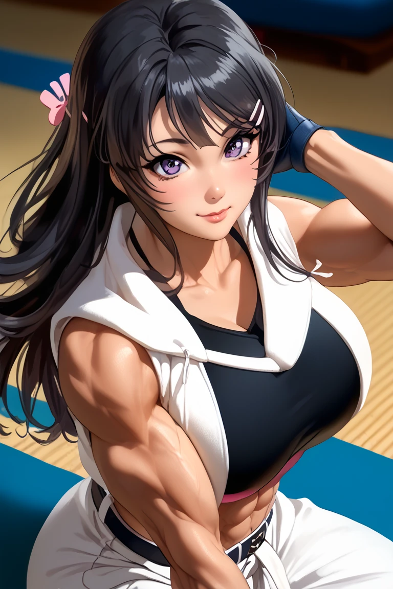 Akane Tendo, (Ranma 1/2 anime), sexy girl, poderosa, traje sexy de karate color blanco, cinta negra, YOUNG, skynny body, small and beautiful buttocks, toned abdomen, small and beautiful breasts, obscene, sensual, esta en el dojo de artes marciales, dramatic background, patada al aire, esta entrenando karate, sensual look, cuerpo completo, beautiful brown eyes, classic hairstyle,Hair dyed in bright blue color, best quality,4k,8k,A high resolution,masterpiece,ultra detailed,Realistic, Photorealistic,photo realistic