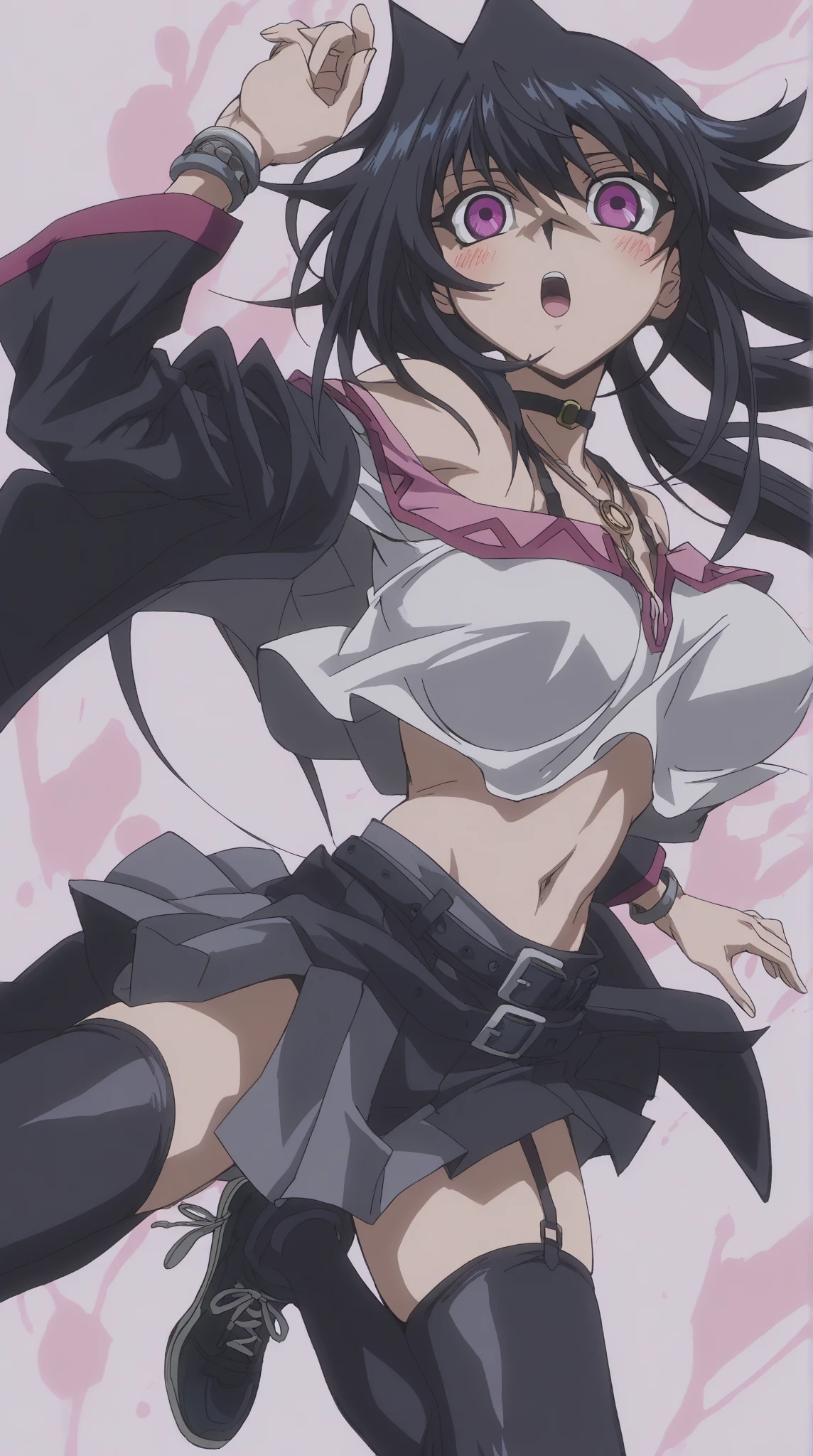 1girl,black hair,red eyes,medium breast,narrow waist,pink bra,pink underwear,standing straight,in the room
