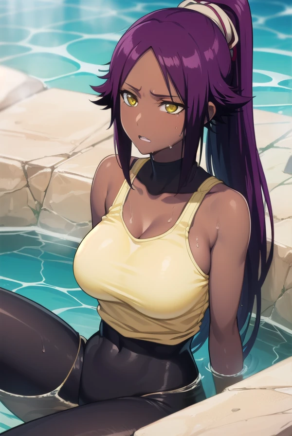 BREAK looking at viewer,BREAK (masterpiece:1.2), best quality, high resolution, unity 8k wallpaper, (illustration:0.8), (beautiful detailed eyes:1.6), extremely detailed face, perfect lighting, extremely detailed CG, (perfect hands, perfect anatomy),yoruichi shihouin, long hair, (yellow eyes:1.5),onsen,hot springs,night,ponytail, purple hair, dark skin, dark-skinned female,sexy lingerie,nipples,nipples see through,bathrobe,from above,bend over.