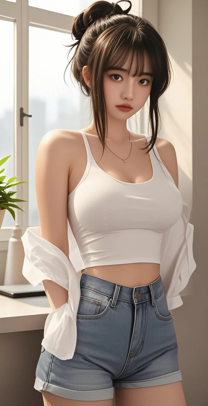 8k, Masterpiece, best quality, realistic, very detailed, 1 woman, healthy body, realistic skin texture, big breasts, staring at the audience, Crop shirt, Short t-shirt, tank top, underboobs, (Torn shirt), under , micro mini skirt, Sexy Pants, His shorts were torn.., Reveal beautiful skin., (สวมTorn clothes.),(Torn clothes),movie light, Face focus, good eyes, detailed face, The face was bright....., During the day, Outdoor coffee shop in the background, Low angle shot, View from below,Beautiful tattoos,small belly cake