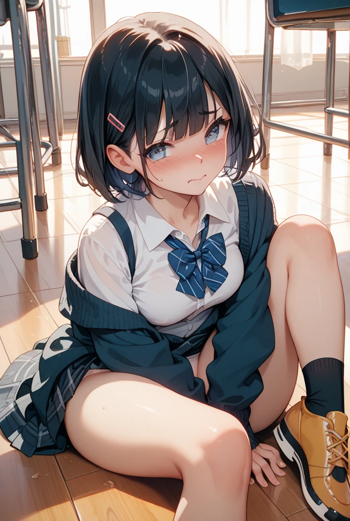 (1 feminine boy solo:1.7),(dark skin:1.5),(masterpiece:1.2), highest quality, High resolution, unity 8k wallpaper, (fine and beautiful eyes:1.6), highly detailed face, perfect lighting, Detailed CG, (perfect hands, perfect anatomy),20 years old, (black hair:1.3), detailed eyes, best quality, extremely detailed, very precise detailed, (glasses:1.4), (blunt bangs:1.5), (open mouth:1.2), (short hair:1.5), (evil smile:1.4), , (half closed eyes:1.3) ,long sidelocks, (blush:1.3),(squatting1.3),(Put left knee in front:1.5),(school uniform pant:1.5),