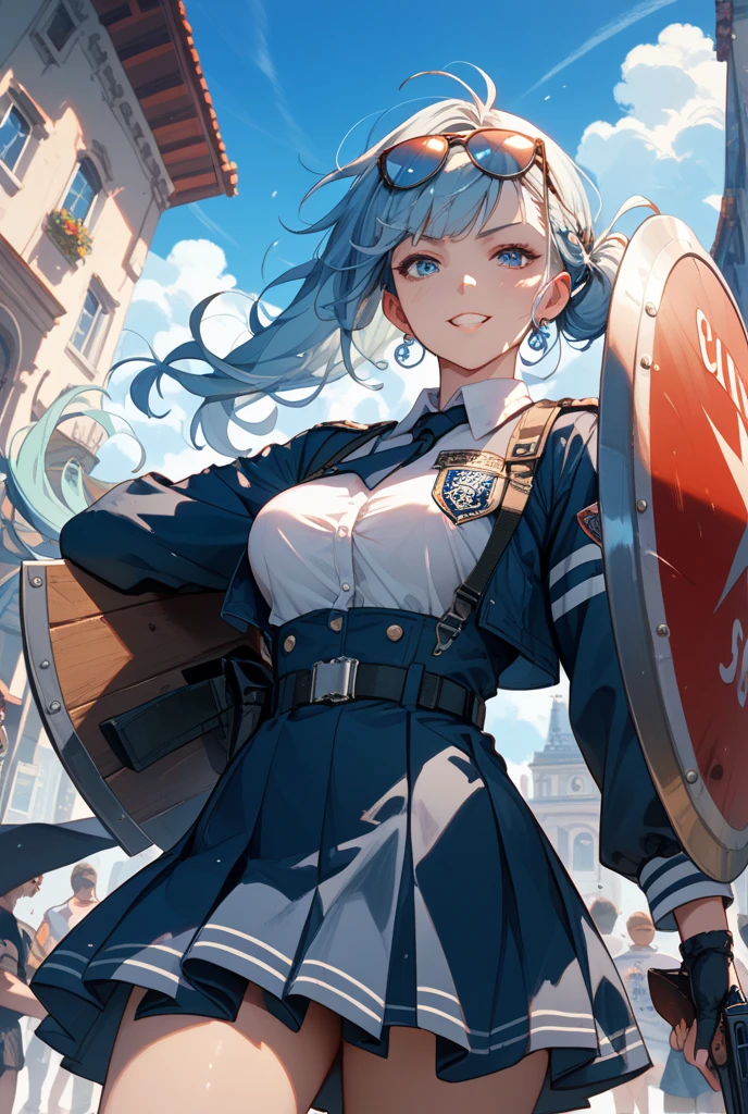 16K，Chinese Air Force，ember，Air Force dress of the style of 2021，Two bars and one star on the shoulder，Central Military Commission badge on the chest，Stand on a high platform，The sun shines on the face，The Bayi badge on the military cap sparkles，The gaze is injected ahead，Very handsome。