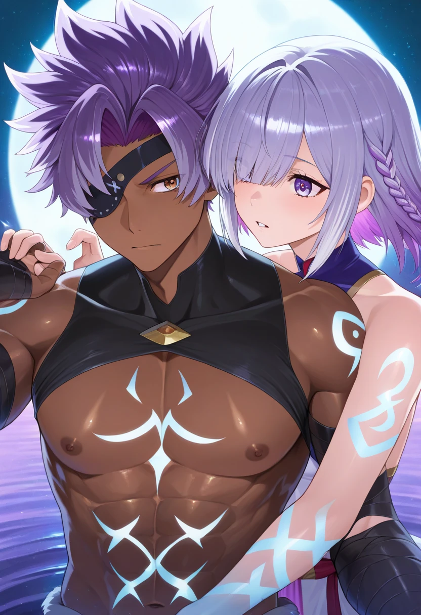NSFW,masterpiece,Highest quality,High resolution,Very detailed,white\(no game No life\),Small breasts,ponytail,Strapless ribbon bikini top,Tie side bikini bottom,Pool at night,Beach parasol,Embarrassed,blush,Sexy pose,Nampa,(male),A man puts his hands on her hips and hugs her from the side