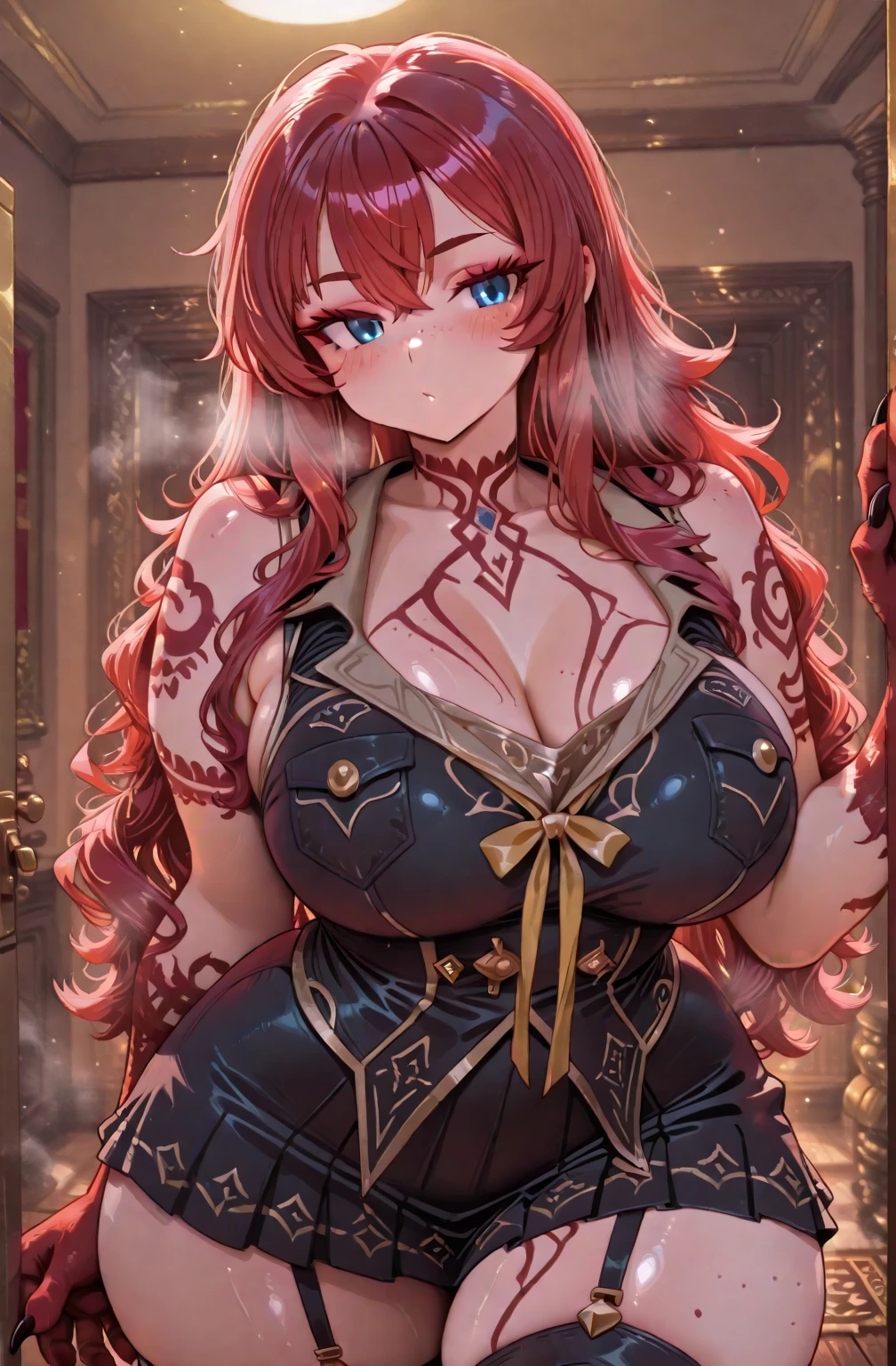 (extremely detailed CG unity 8k wallpaper), the most beautiful artwork in the world, 1girl, breasts, solo, jewelry, earrings, long_hair, cleavage, red_hair, hair_over_one_eye, brown_eyes, looking_at_viewer, tattoo, large_breasts, upper_body, arm_tattoo, kpop idol, jisoo