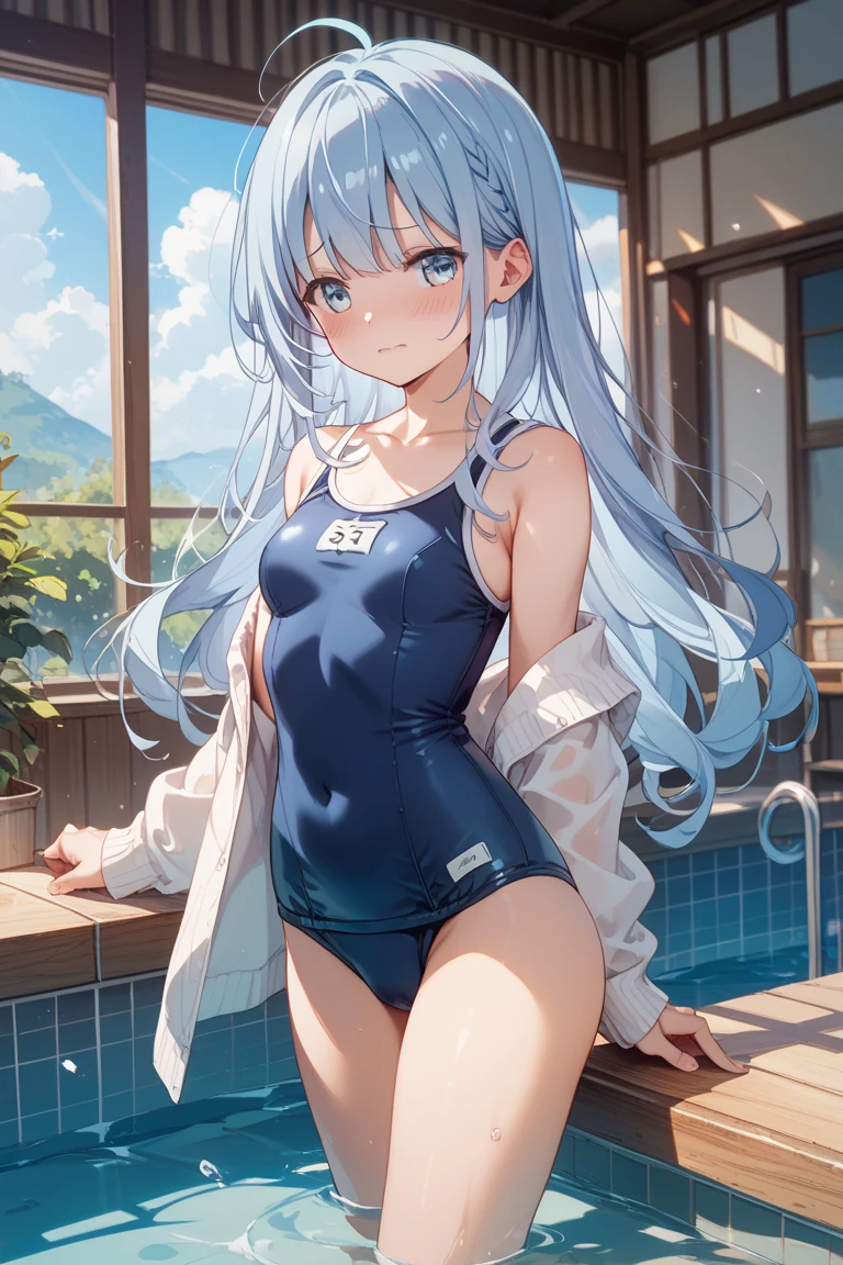 ((Highest quality)(High resolution),high school student,A light smile,(Straight hair with gray hair),(Bright Blue Eyes),school swimsuit,((see through school swimsuit))