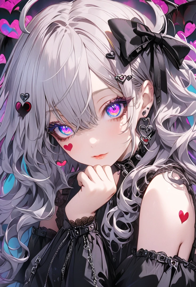A cute girl with white hair, pink eyes, black hoodie 