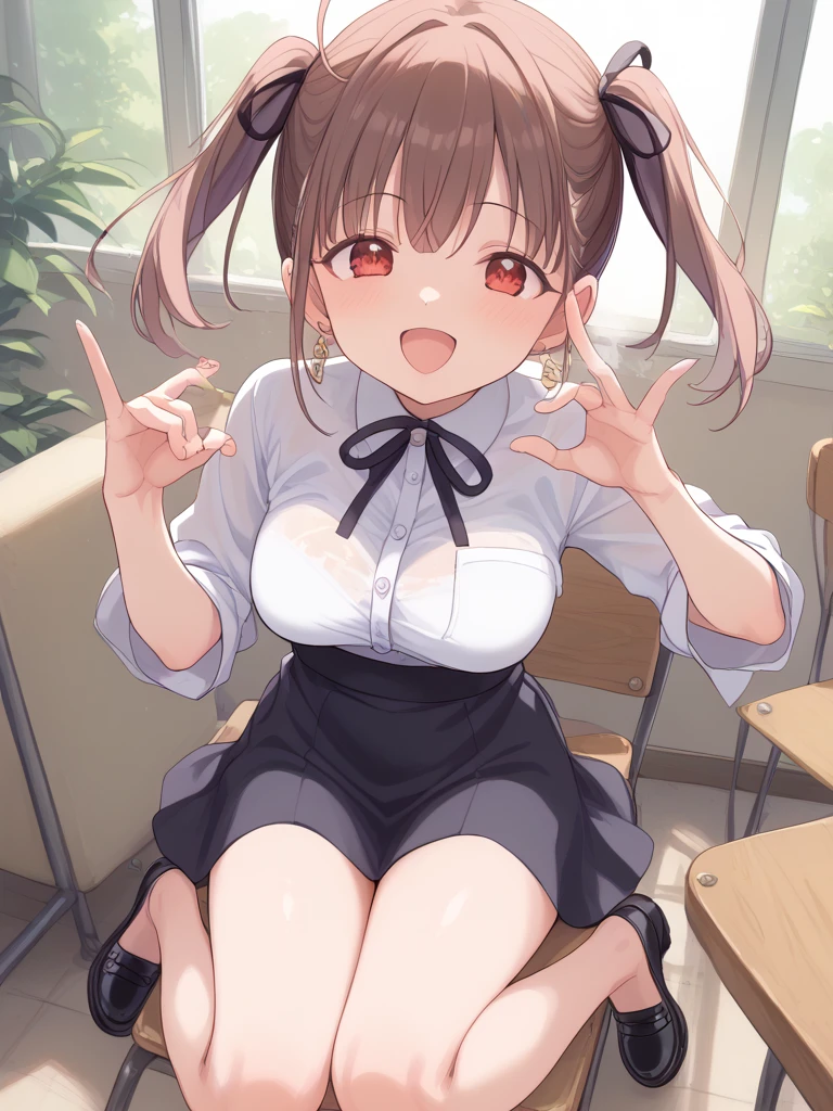 Minami Kotori、Minami Kotori、Brown Hair、(Degree of brown eyes:1.5)、One side up、ヘアribbon、ribbon、length、Completely naked、Nipples、Looking for break viewer、Indoor break、classroom、break (masterpiece:1.2)、Highest quality、High resolution、unity 8k wallpaper、(Raise awareness:0.8)、(Beautiful and beautiful eyes:1.6)、Highly detailed face、Perfect lighting、Detailed CG、 (Perfect hands、Perfect Anatomy)、Looking at the audience、blush、Laughter、School, Sit with your knees bent、eight-headed body、Beautiful feet 、School内、As if looking up from below、(Place your knees on your chest) ,Large Breasts