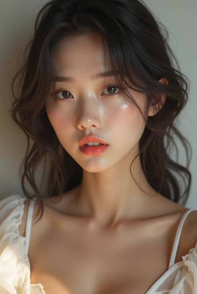 portrait of beautiful Korean girl 23 years old, long hair, big eyes, full and beautifully shaped lips, oval face, glowing eyes, cinematic lighting, 4K, best quality, textured skin, super detail, masterpiece