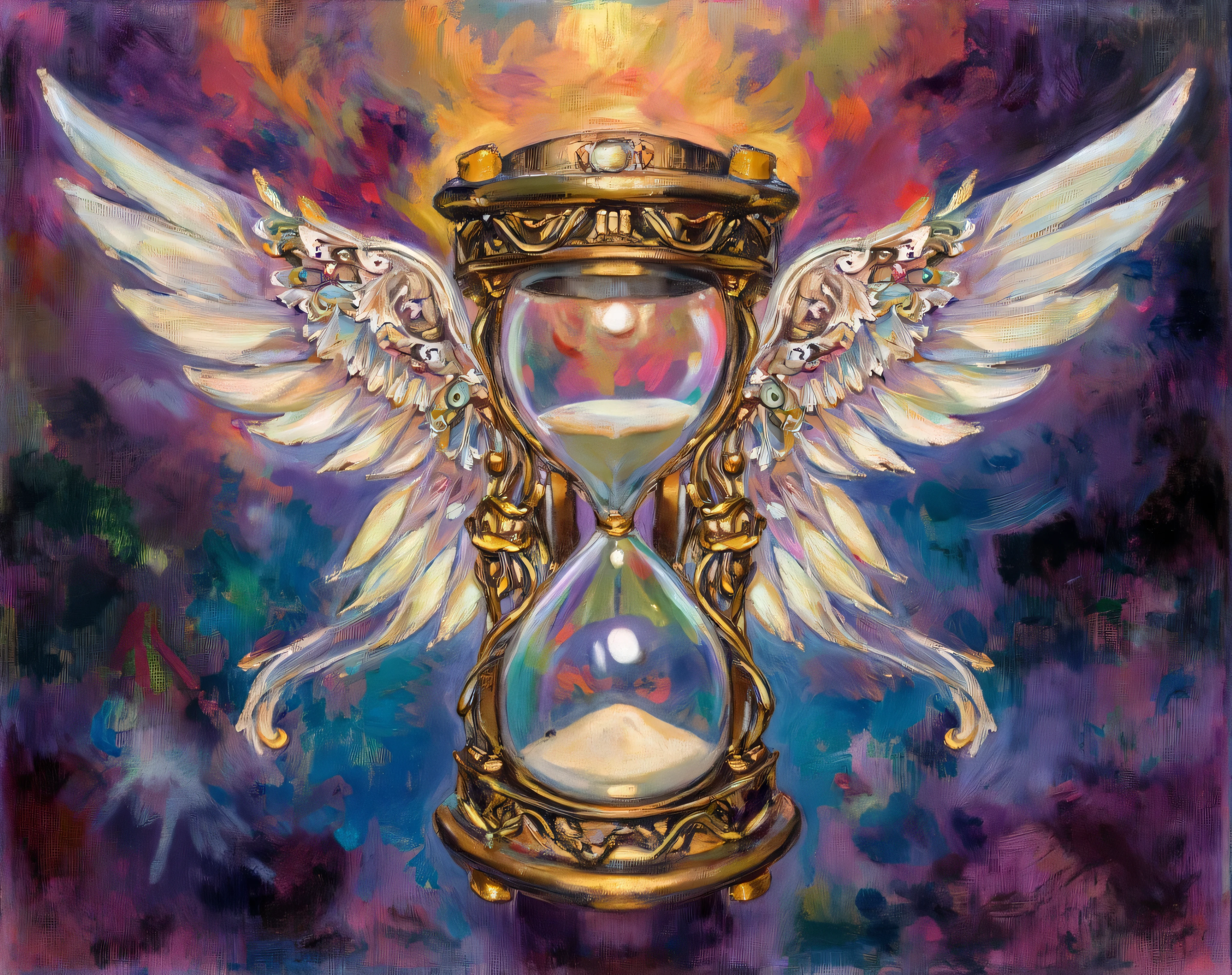 An hourglass with wings, saturated colors, color with polychrome, Multiple color