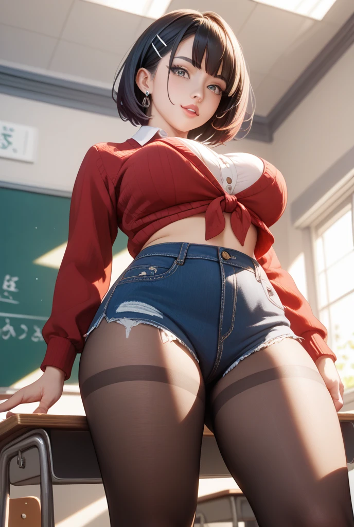 asian_girl_with_short_hair, poitrine, gros seins, voluptueux, thick thighs, hanches larges, Sinueuse, gros cul, cul massif, high resolucion, robe, poser sexuellement, jacket, flirty_pose, NSFW, skirt