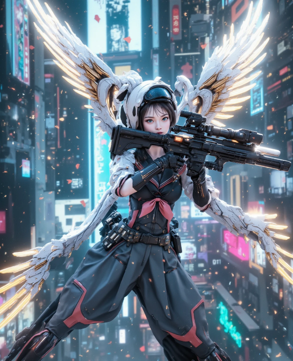 ((Best quality)), ((masterpiece)), (highly detailed:1.3), 3D, beautiful, (cyberpunk:1.6), in space, nebula, (holding_weapon:1.3), laser, (1Female mecha:1.3), sexy body, facing the audience, Glowing eyes, full body, (flying, swooping down, dynamic, motion blur: 1.4), (huge mech wings: 1.6), looking up, glowing_eyes, mecha, panorama, background is earth, nebula, space, particles, Reality, HDR (High Dynamic Range), Ray Tracing, NVIDIA RTX, Super Resolution, Unreal 5, Subsurface Scattering, PBR Textures, Post Processing, Anisotropic Filtering, Depth of Field, Maximum Clarity and Clarity, Multilayer Textures, Albedo and Specular maps, Surface shading, accurate simulation of light-material interaction, perfect proportions, Octane Render, two-tone lighting, large aperture, low ISO, white balance, rule of thirds, 8K RAW, efficient sub-pixel, sub-pixel volume product, (best quality),(Japanese:0.5),(korean:0.8), (Liu Yi Fei:1.5) long hair, (big breast:1.2),(underboob:1.5), (white transparent lace mini skirt:1.5) --auto