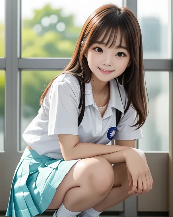 Very detailed 8k wallpaper)、foco nítido、in detail、Drama、Delicate and beautiful schoolgirl、sixteen years old、Sheer white shirt、Quite short skirt、ligh brown hair、beautiful and sexy hair ornaments、A smile、Peek at the viewer、Beautiful graphic school building of light、Full of students、clean legs、crouching down、