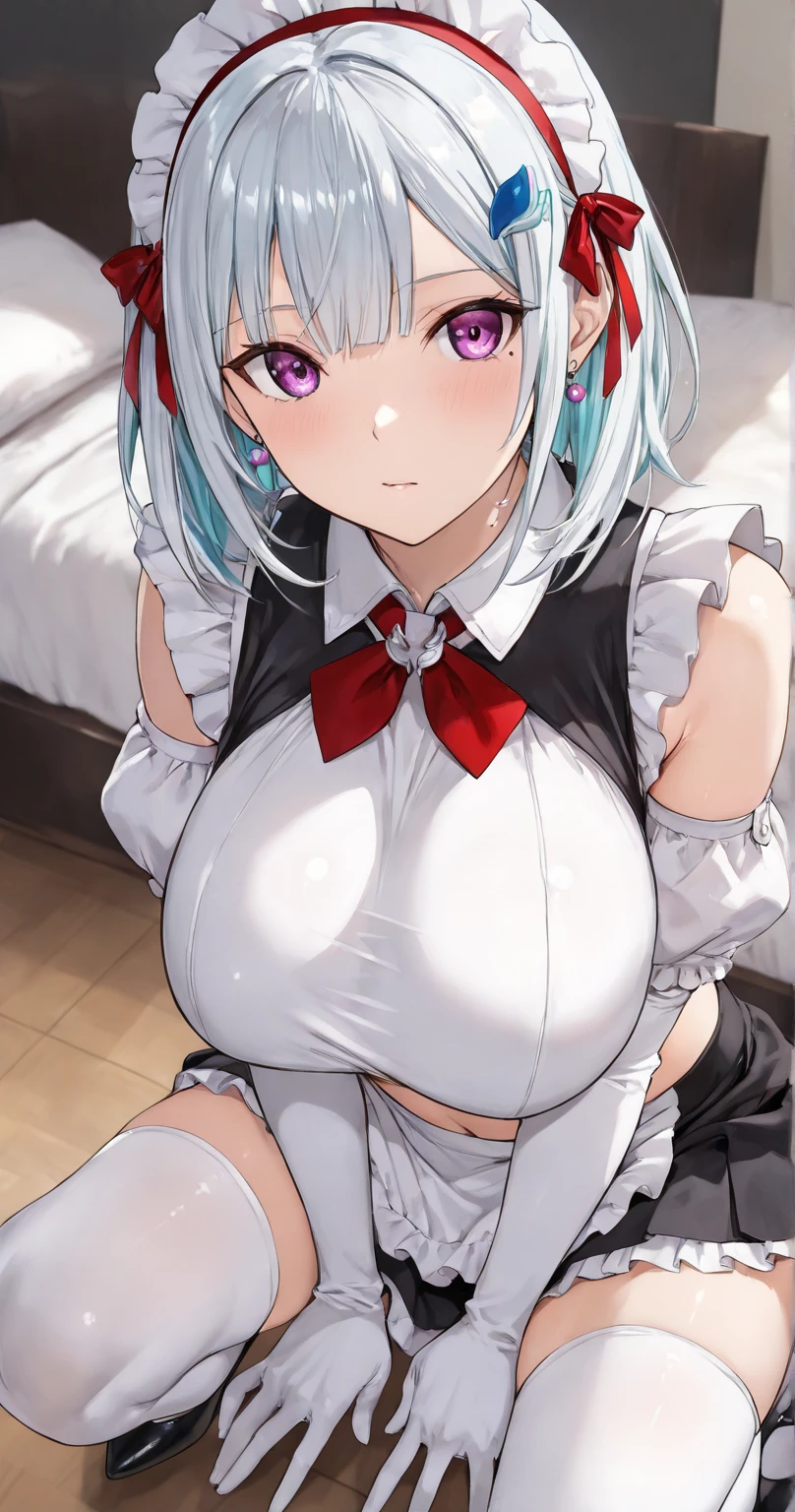 ((Perfect body,))((Super beautiful,))((High quality,)), (sweaty,) (wet all over,) blush,saliva, steam,((((lolita maid costume, long hair, pink eyes, hair ribbon,sexual Underwear, on bed, in a bed room at night,long blunt bangs)))),collar,pov, Looking at Viewer,gigantic breast,nipple,fellatio,blowjob, deep throat,elongated horn,Titty fuck, pinch penis between breasts,paizuri,