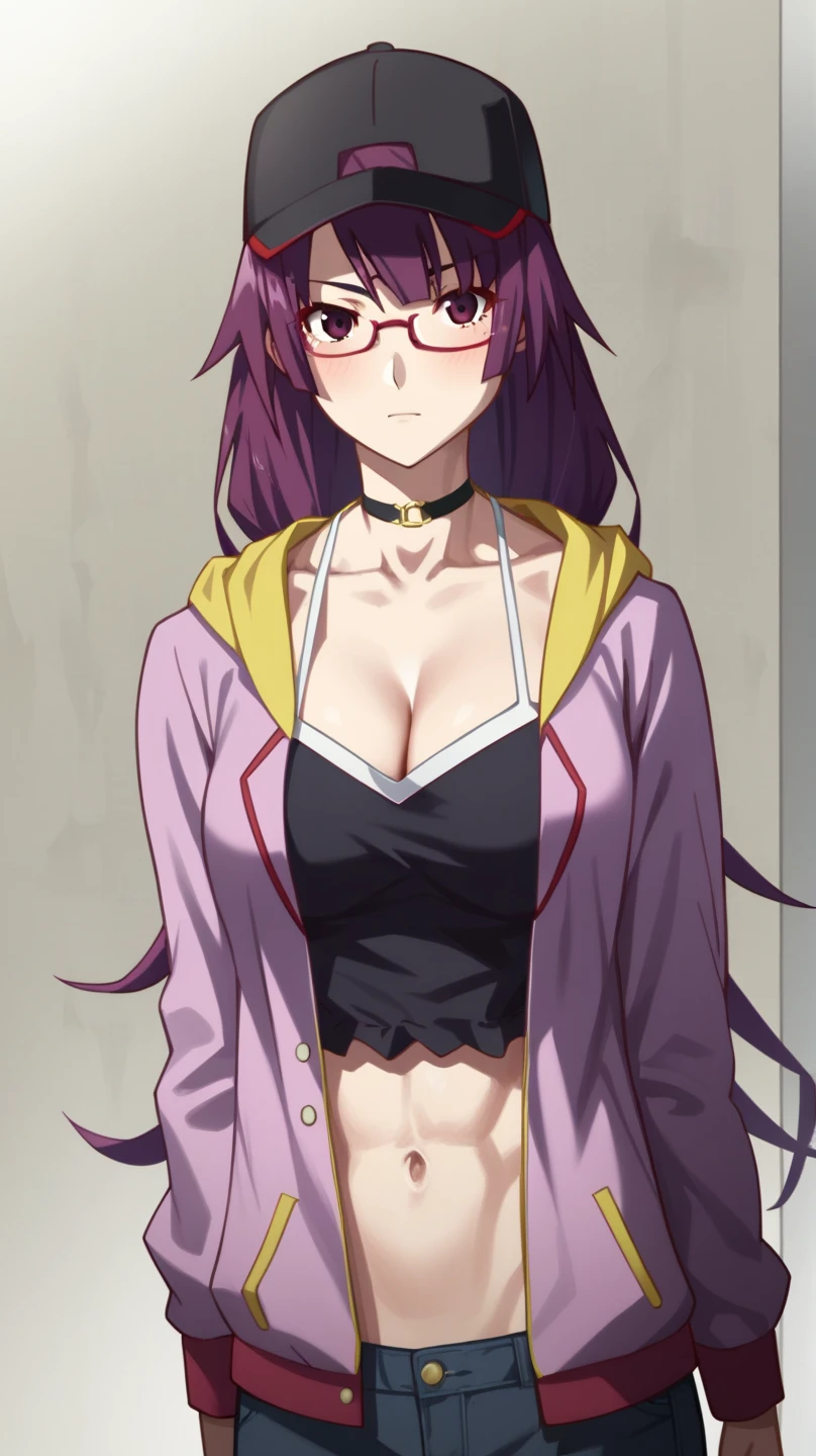 Score_9, Score_8_up, Score_7_up, anime_font, Tohka Yatogami,
takeayatogami, takea yatogami, headband, purple eyes, purple hair, long hair, red hair, solo, breasts, looking_at_viewer, big_breasts, navel, cleavage, smile, open mouth, collarbone, jacket, upper body, glasses, abdomen, bare shoulders, taupe, black_jacket, sports_bra
