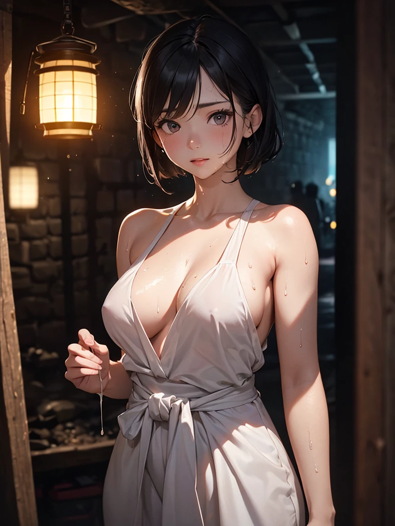(masterpiece:1.3), ((Best quality at best)) , (disorganized:1.3), (highest quality:1.3),(perfect anatomy:1.5),Super detailed:1.3),(best shadow:0.7),(Ultra high resolution), extremely detailed texture, sharp focus, realistic lighting, cinematic quality, photorealistic details, smooth shading, fine grain, high dynamic range, 8K quality, exquisite clarity, ((no exposed body parts:1.3)), ((fully clothed)), ((no nudity)), ((decent clothing)), ((covered up)),perfect finger,(detailed face), solo, fine eyes, beautiful eyes, , Exquisite facial features, Interlacing of light and shadow,anime style, hands well proportioned to the body, arms with good anatomy, rest outdoors, intimidating pose, straight waist, posing standing, ((graduated bob cut:1.1)),(blunt bangs),1 mature woman, ((saggy small breasts)), ((muscular)),