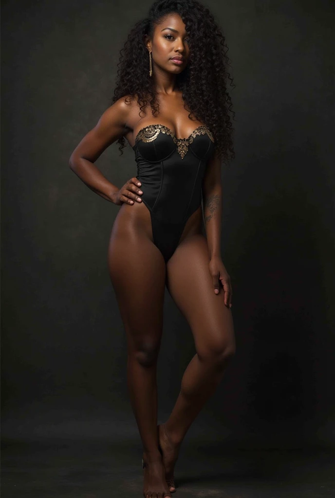 Beautiful young pinup, standing, dark skin, full body, exuberant, dressed in small yellow bikini, high stiletto heel sandals, very sexy, pinup, full body. Artistic tattoos on arms and legs add a contemporary touch. Their postures and expressions, combined with their pin-up looks, create a fusion between classic vintage and contemporary. White photo studio background, hot session.