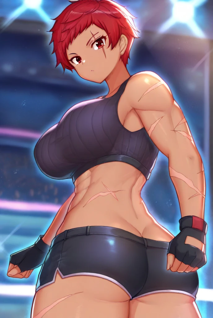 1 girl , solo , night time, realistic background, arena, nightclub, venue, Female wrestler, shiny ring gear, shorts, top, black and gold outfit, fit body, exposed midrift, muscular body,sweaty, glistening, knee pads, elbow pads , wrestling boots , champion belt, strong pose, flexing muscles,weight lifter, muscular, muscle mommy, insane muscles, huge muscles, biceps, deltoids, triceps, quads, thicc, shiny skin, wet skin, tanned body, hulk body, steroids, body builder, bakki , grappler bakki, bakki hanma, jojos bizare adventure, hokuto no ken, wwe, wcw, aew, njpw, roh, pro wrestling, noah, pro wrestler, street fighter, tekken,