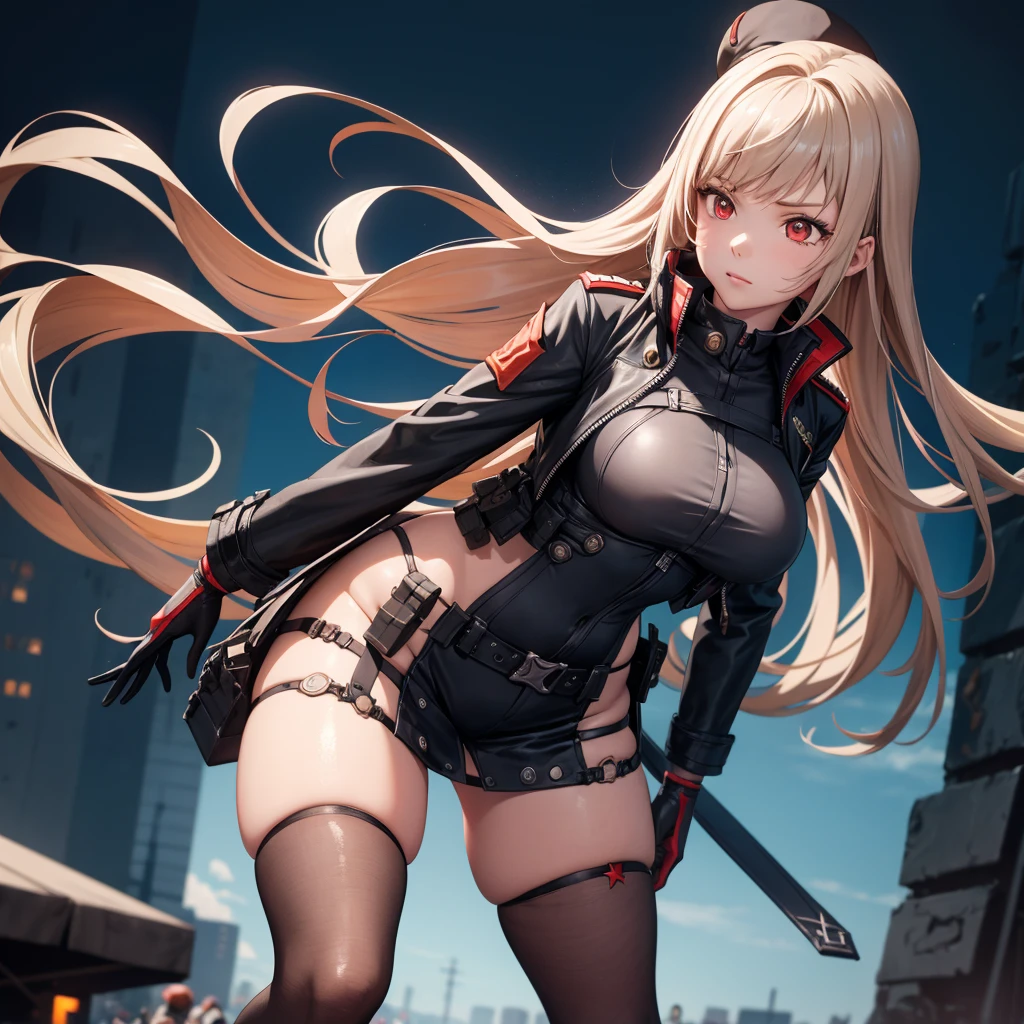 masterpiece, best quality, Tall, clearire2, 1girl, Sister Cleaire, alone, long hair, open clothes, black skirt, Black Stockings, long sleeves, chest harness, open jacket, black shirt, two sides up, black overcoat jacket, fringe, crop top, miniskirt, paddles, headgear, O-Ring, midriff, light brown hair, yellow eyes, off shoulder, big breasts, thigh strap, pleated skirt, Suspenders eyes, brown eyes, cropped shirt, street, mask, stand, hand in pocket,