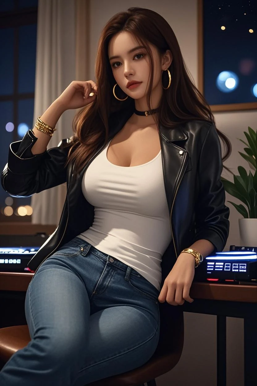 (masterpiece, best quality: 1.4), ultra-detailed, soft light, natural lighting, cinematic light, film grain, (depth of field), (1woman, ground: 1.4), (full body), mature woman, female form perfect , (perfect face, detailed face, glossy lips, eyeliner), long hair, (Black, black skin), (white shirt, jeans, cleavage), (mixtape: 1.4), (music store, records, vinyl, radio , amplifiers, speakers, headphones) , (standing),
