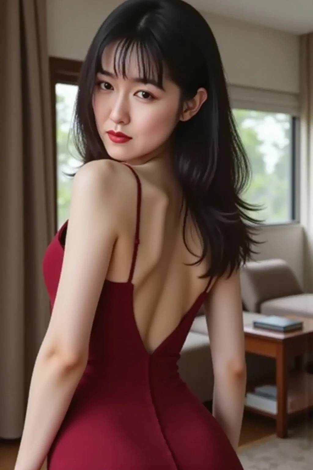 1. Generate high quality and realistic females。
2. She is an Asian woman in her early 30s.、The skin is light in color。
3. Her straight, shoulder-length black hair、It is elegantly styled up.。
4. Her face is calm、She's wearing light pink lipstick。
5. She is wearing an elegant style red silk dress.、One-shoulder design exposes the back。
6. Behind her is a luxurious indoor party venue.、Gorgeous lighting illuminates her 7 Shiny accessories