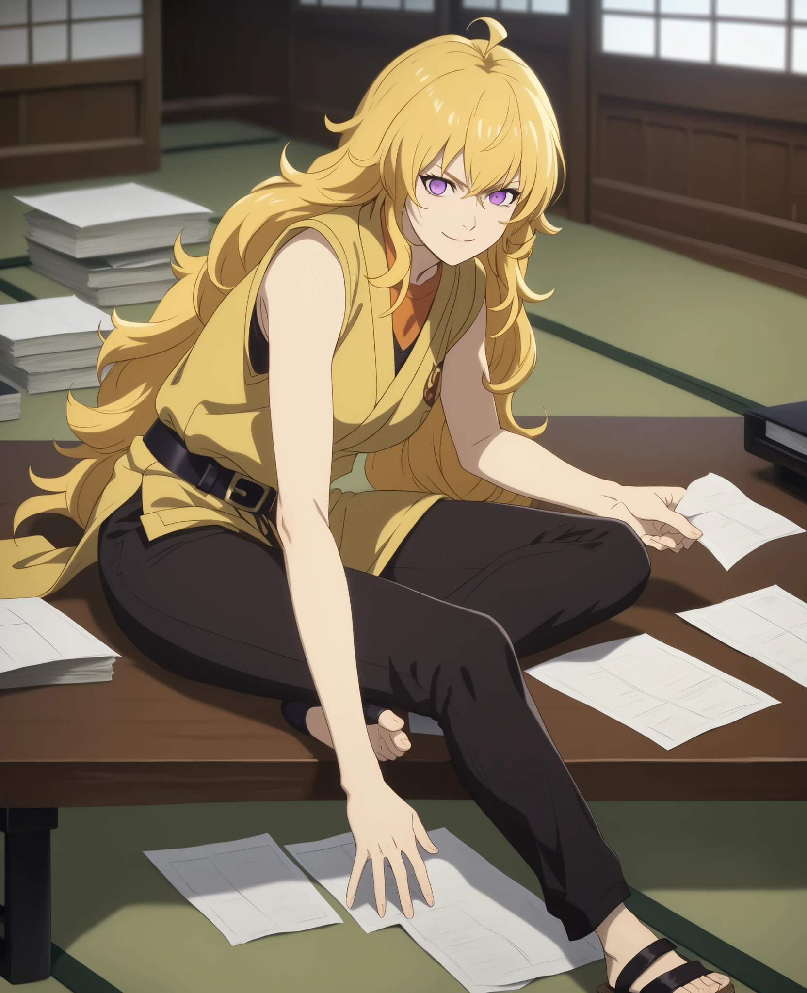  High quality anime illustration ,  Yang Xiao Long,  , Bishamon, Blonde woman ,  purple eyes,  long loose blonde hair with loose locks framing her face,  violet diamond mark on the forehead ,  dressed in short purple-colored sleeveless kimono ,  fitted with a black belt ,  tight black pants,  ninja sandals ,  sitting in a traditional Japanese office , tatami,  wooden desk with scrolls and inkwell ,  natural light coming through the windows ,  warm environment, serious and thoughtful look, relaxed but firm pose ,  realistic details ,  soft lighting,  natural shadows ,  detailed anime style . (lots of paper in her desk), ((smiling))