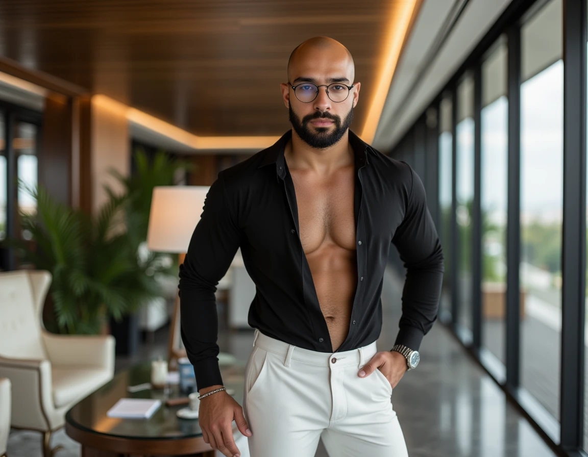 best quality, masterpiece, 8K, HD, indian masculine, 30 year-old indian gentleman, very muscular, tanned skin, stylish hair, glasses on top of head, tight business suit, ((shirtspread)), vpl, papers and folders on table, tall indoor plants, big bubble butt, looking directly at camera, very seductive expression, sexy, god rays, soft lighting, dynamic shadows, sharp focus, perfection, no watermark