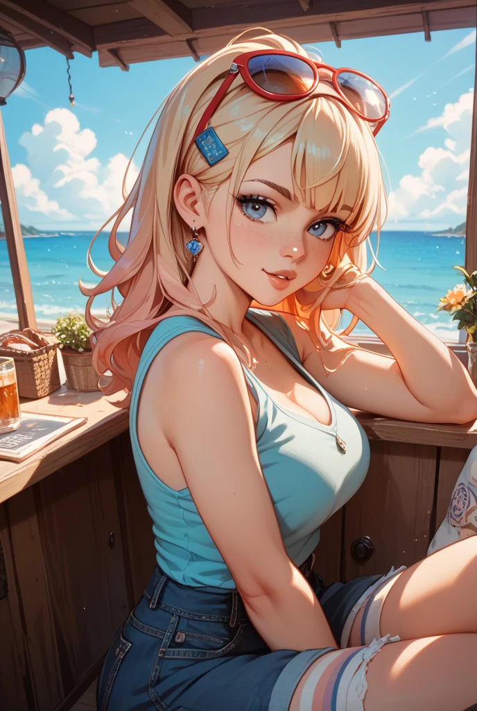 masterpiece、high resolution 8k、NSFW、sharp focus、contrast lighting、A cozy beach bar with a menu board, 1 girl, sitting on wooden stools,a red bikini top,blue denim jacket shorts,long blonde hair hair,smiling,headphone, a doorway leads to a sandy beach with a clear blue sky and a palm tree.
