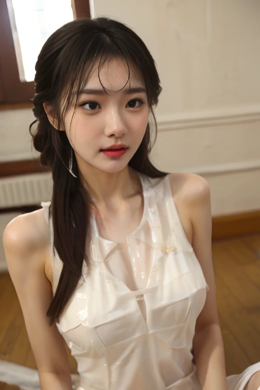 ((bedルーム、bed、front、wall、Hotel、suite room、luxury、luxury、luxury、１photograph))、((highest quality、8K、masterpiece:1.3))、(4K、RAWphotograph、highest quality)、((cute日本の女の子、beautiful japanese girl、1 girl、clear、19 years old、ponytail、Highly detailed face and skin texture、refinement、super detailed face、highly detailed eyes、Lee Hong、blush、cheek、ピンクのcheekを塗ったcheek、close-up of woman、 from the neck up、 Close to the camera、 positive face、Forward-facing body、look at the camera、front、cute、smooth white skin、Transparent skin texture、))、(dark brown hair、bangs)、beautiful woman with perfect style：1.4、japanese model、young gravure idol、若いcuteグラビアアイドル、Realistic young gravure idol、refinementされたグラビアアイドル、((highest quality、8K、masterpiece:1.3、１photograph))、(4K、RAWphotograph、highest quality)、(realistic、フォトrealistic:1.37)、Place someone on the other side of the screen、Natural light、