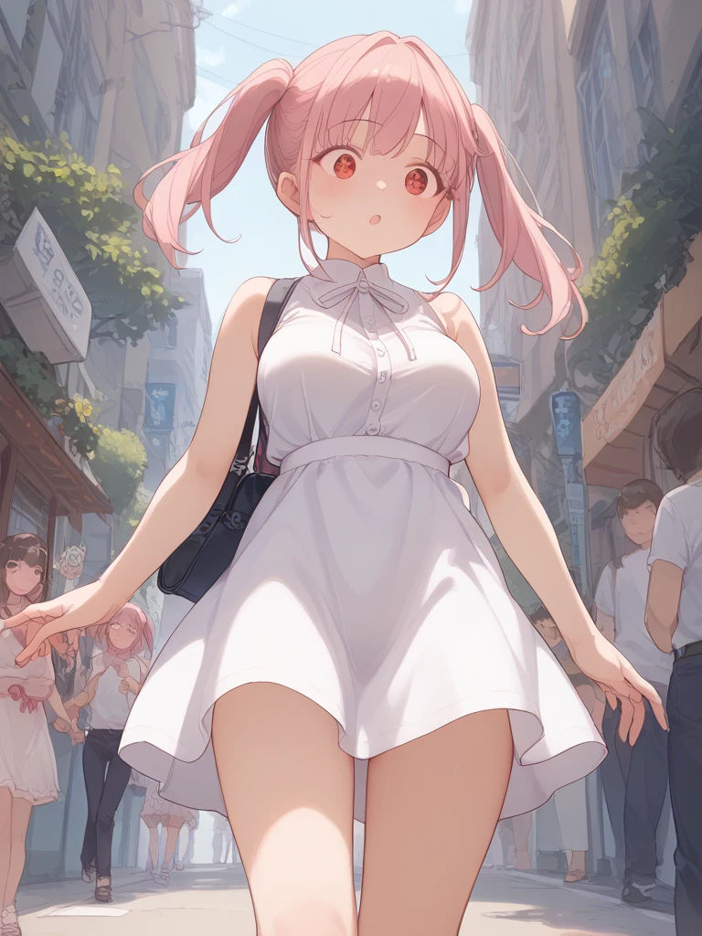 8 years old、Pink dress、Striped underwear、Skirt Lift、Men are surrounding a girl while holding their dicks、Teasing Smile、ejaculation、ちんこから、In the city、Bukkake for girls、Thick thighs、low length、、Males are huddled