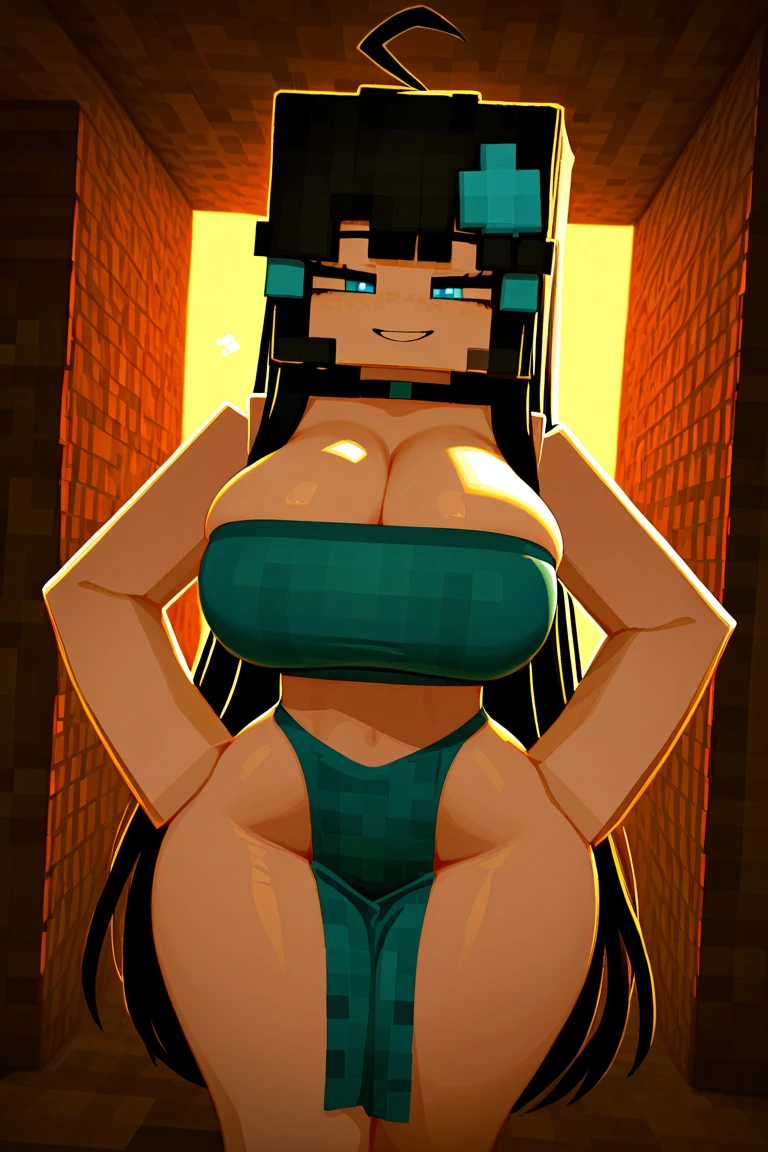 (masterpiece, best quality, ultra-detailed, detailed eyes, tsurime, eyelashes), (((waving with both hands, hands up))), (((light brown hair, straight hair))), ((blue fake_animal_ears, playboy_bunny, grin, smile)), ((wide_hips, black pantyhose, strapless blue highleg leotard)), (wrist_cuffs, detached_collar, blue bowtie), (toned, large_breasts, bare_arms, cleavage, covered_navel), (blue_eyes, long_hair, bangs, cowboy_shot, clenched_teeth), 1girl, solo, highres, Minecraft, 3d game, minecaft skin, minecaft girl,