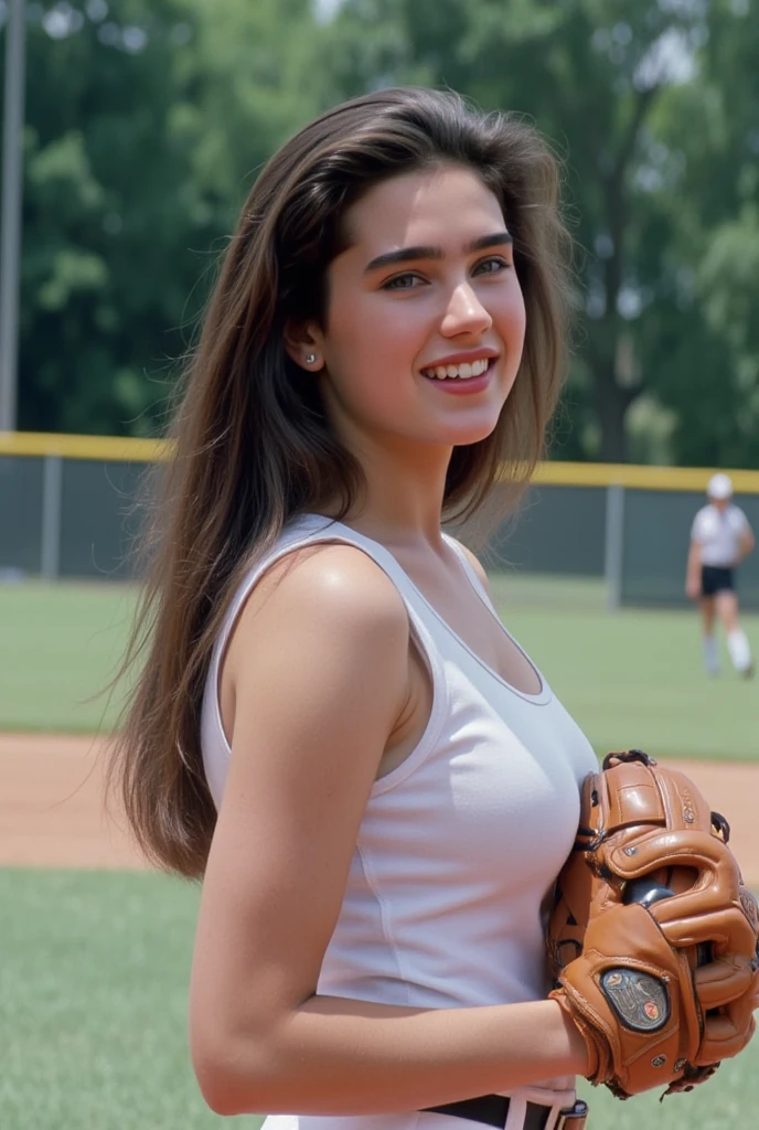 Beautiful 2 woman, 170 cm tall, 60kg weight, White skin, long dark hair, green eyes, hairstyle, wearing lingerie, (((baseball jersey))), (((baseball helmet))), looking somewhere else, (((baseball field))), front of the window, smile, natural morning light, Realistic portrait, Very detailed, analog style, under the chest, (((whole body))), cute pinup pose, large breast
