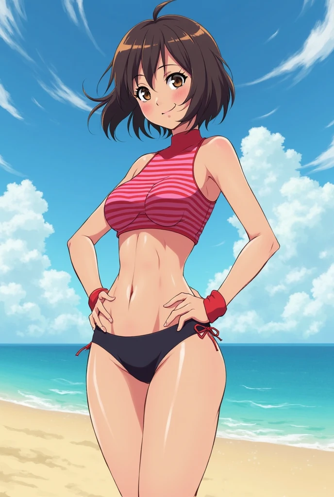 young girl, medium hair, red hair, brown eyes,strong abs, small breasts, short stature, (happy smile),(clenched teeth), sweating body, (blush), black red thread bikini with thread thong, (hands behind head, thigh straddling from below),beach, (suntan),wet body, pov from front, looking at viewer