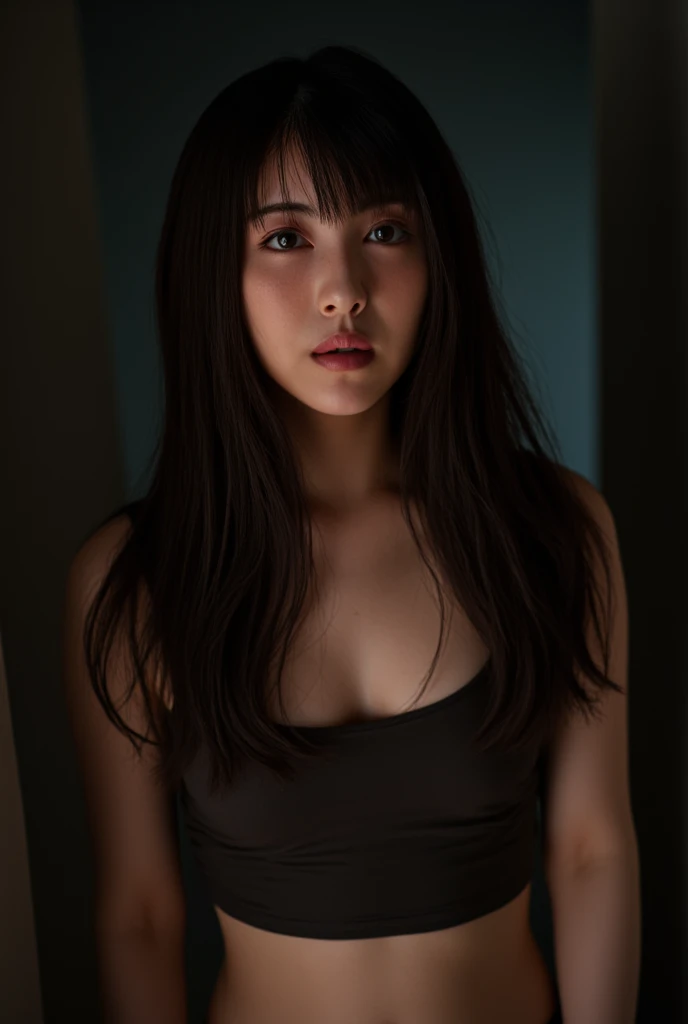 (Front Focus), (In the Dark:1.6),  Photo Real, Dynamic Lighting, Poster, Volumetric lighting, Highly detailed face, 4k yen, Awards, One girl, In my room, Deep Shadow, Modest, Cowboy Shot, Tank top、Long Hair, Brown Hair、Sad face、Sad expression、Are crying