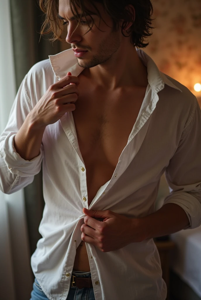 Award-winning original photos, 1 man, transgender, standing, (candle light) Russian steam spa, steamy, ((body covered by see-through white cloth)), full body shot, head to toe shot, God's-eye view, ((1 male genitalia, bulge)), 25 year old, long messy hair, redhead, Fusion of Cameron Riley Monaghan and Taylor Lautnere, a playfully hiding a secret, facing viewer, (((face beautiful:1.5))), feminine, shapely, trim waist, soft hips, (((muscle body))), muscle ass, muscle cyclist thighs, breast-like defined pectoral muscles, defined extra large nipples, (((lactation))), (((extra large circular areola))), cinematic lighting, shirtless, ((sexy)), (((NSFW))) Cinematic lighting, Masterpiece, RAW photo, Intricate details,  (Best quality, A high resolution, Photo realistic), (8k, Foto RAW, extremely high quality), best quality, extremely detailed CG Unity 8k wallpapers