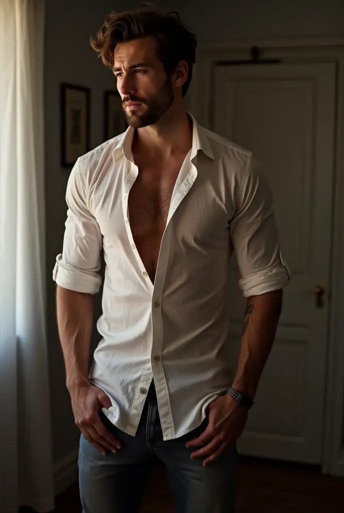 Masterpiece, denoise, void noise, one man, best quality, 8k resolution, male focus, focus only, amazing composition, volumetric lighting, super quality, elegant, Very detailed, front view, -----------, muscular, pale skin, ((((((Caucasian white man)))))), very handsome, (detailed light-blue eyes), ((brown hair)), big ears, (hairy), (scruffy beard), ((big pink nipples)), ((perky nipples)) ------------, (((blue jeans))), (((unbuttoned white shirt))), (((laid down on bed))), (((dark room)))