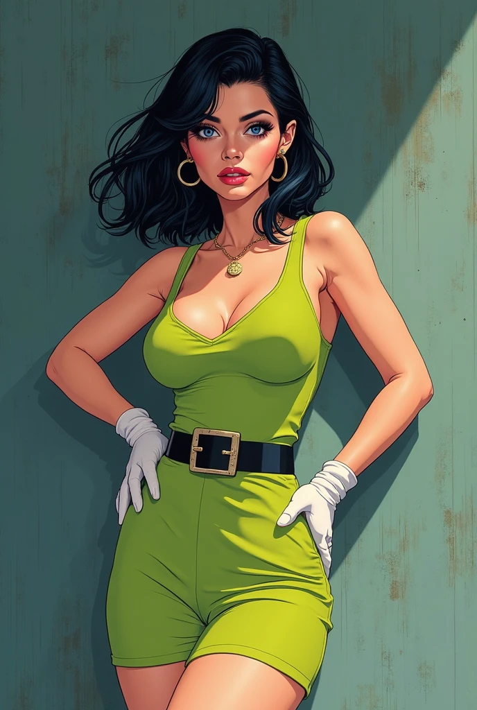 Thin woman (Elexis Sinclaire), 4K, beautiful smiling, seducing gaze, white v-neck top, White belt on black latex midi skirt, white peel split no color, black band around the neck with green jewel, black hair with ponytail, eyes browns, busty. comic style, white background.
