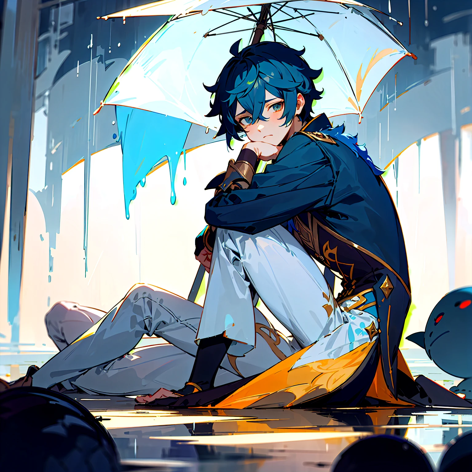 A Black slime with a humanoid appearance, yellow eyes, boy, slimes tentacles, literally black skin, 