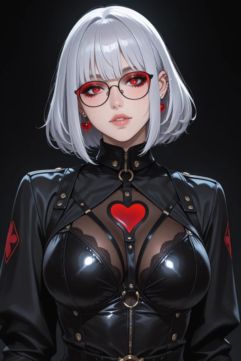 masterpiece, Score_9, Score_8_up, Score_7_up, front view, 1 woman, alone, white hair, short hair, golden red eyes, beautiful eyes, narrowed eyes, detailed eyes, wearing glasses, flat lips, expressionless, smooth skin, big breasts, cool black clothes with red patterns, best quality, has horns, succubus tail, hair with thick bangs, black sleeveless shirt, hands still while clamping a man's penis from behind.