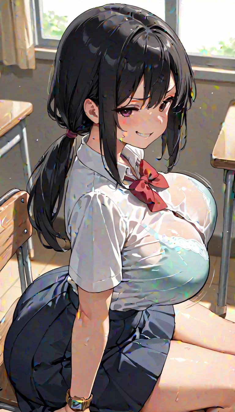 masterpiece、Highest quality、Best image quality、High resolution、Huge breasts、、School-Uniform、Red tie、Summer clothes、Black Hair、Dark Eyes、Long Hair、In the classroom、An empty classroom、Panic