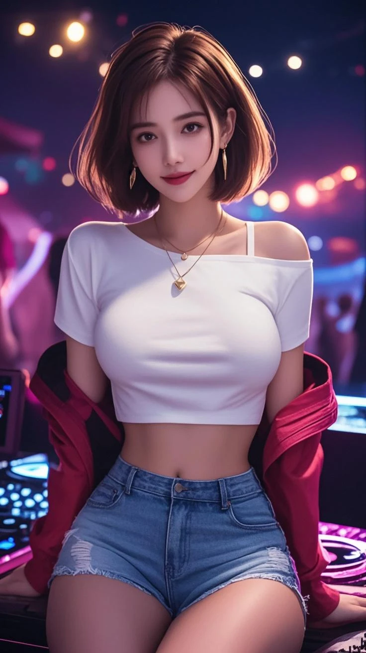 best qualtiy,Masterpiece level,Complicated details,High-precision graphics,Ultra HD quality,Detailed shadows,Vintage large game consoles,Retro games room in arcade hall,shadow effect,localized light,A pure and beautiful girl,Solo delicate and detailed face and eyes,True skin fit,High waist and slim leg line,is wearing a shorts,cyberpunk lighting,Game console screen light