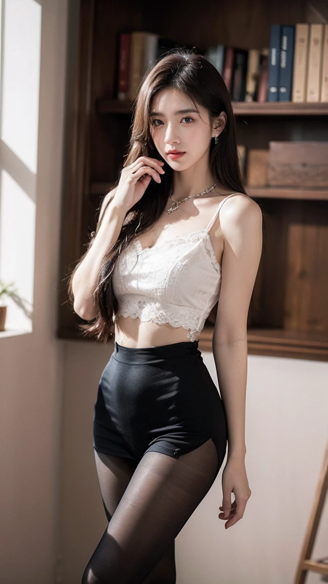 Create a realistic, UHD, 8K visual of a korean woman, long hair, large chest, full body Esbian, a black sleeveless top with deep side cuts, exposing the sides of her torso. She is lifting her top slightly with both hands. She is also wearing white lace-trimmed shorts, Kneeling on the floor show her butt, extremely delicate face, Detailed eyes, very intricate, perfect glossy shiny skins, Perfect Lighting, Detailed Lighting, Dramatic shadows, Ray tracing. photo taken from side