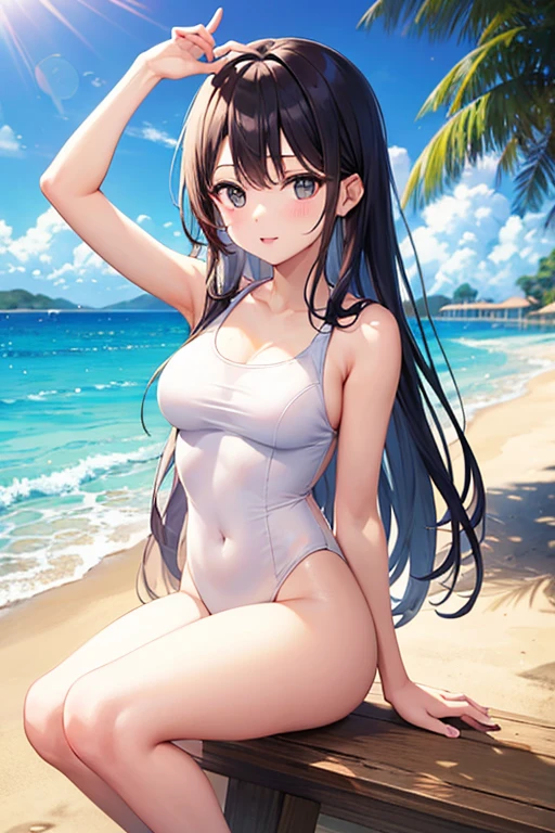 ((4k、8k、top-quality、perfect fingers: 1.3、perfect anatomia: 1.3、blur backgroun))、cute petit girl、((yellow and blue swimsuit)、(stright long hair: 1.3) 、sixteen years old 、a beautiful slender girl、a baby face))、(beautiful with big droopy eyes)、red blush、Open your mouth small、Smile with one eye closed、cowboy shot、Wide angle、(Soio)、Standing、blue-sky、Poolside of a mansion、