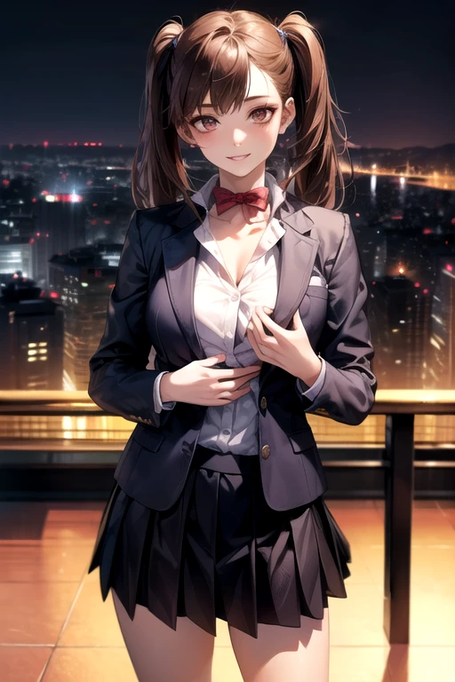 (masterpiece:1.2, top-quality), (realistic, photorealistic:1.4), beautiful illustration, (natural side lighting, movie lighting), nsfw,
looking at viewer, cowboy shot, front view:0.6, 1 girl, japanese, high school girl, perfect face, cute and symmetrical face, shiny skin,
(short hair:1.5, twintails:1.5, black hair), hair between eyes, black eyes, long eye lasher, (large breasts:0.6, thick thighs),
beautiful hair, beautiful face, beautiful detailed eyes, beautiful clavicle, beautiful body, beautiful chest, beautiful thigh, beautiful legs, beautiful fingers,
(((grey cardigan), white collared shirts, grey pleated mini skirt, navy socks, brown loafer, red tie)),
(beautiful scenery), evening, riverside, standing, (half-closed eye, lovely smile, upper eyes),