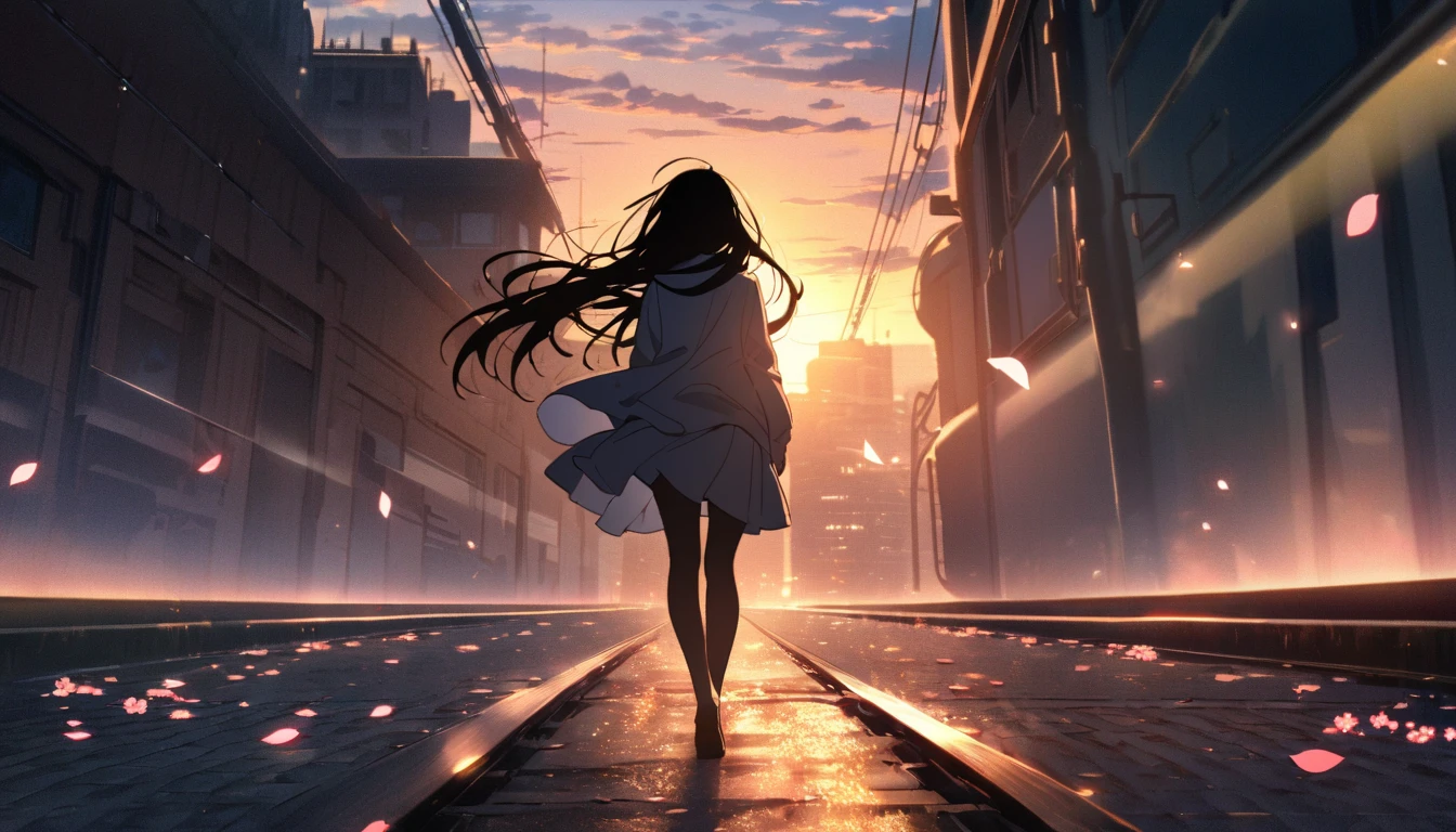 Abandoned train station Girl walking alone on the tracks The wind ruffled her hair