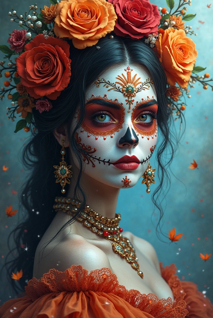 Bright colors, beautiful style, high-quality illustrations, elegant drawing, detailed illustration of clothing and facial calavera face.